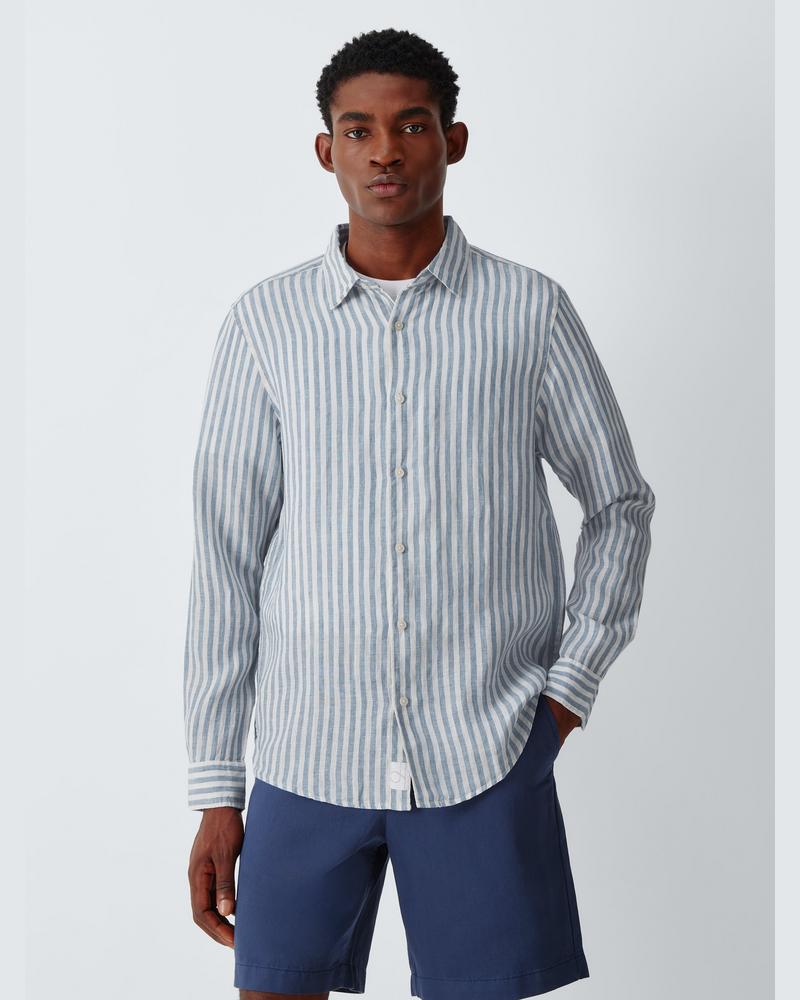 John Lewis Linen Wide Stripe Shirt, Blue/White