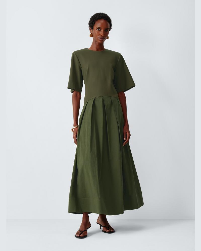John Lewis Dropped Waist Short Sleeve Midi Dress, Khaki